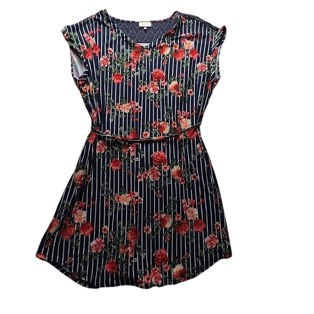 Bobbie Brooks Dress Womens 3X Blue Floral Stripe Cap Sleeve Scoop Neck Belted